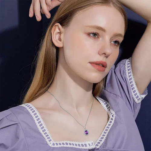 Vista 2 de Althum Natural Amethyst Necklace 925 Sterling Silver Genuine Purple Amethyst Crystal Pendant Necklace