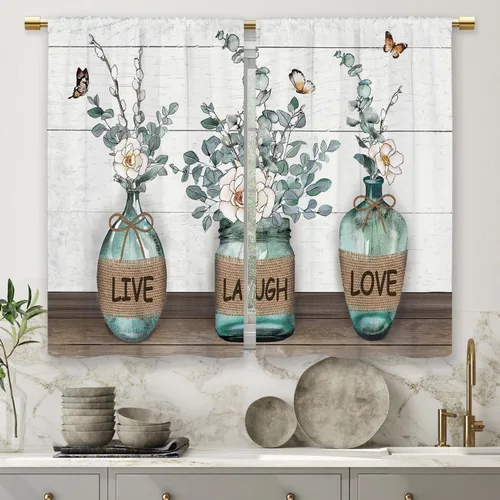 Vista 7 de Cortinas de cocina de granja de Laifzere, hojas rústicas verdes de eucalipto, cortinas cortas pequeñas para cafetería, cortinas de ventana de planta