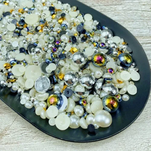 Vista 3 de Cuentas de resina con diamantes de imitación, mitad redonda, cuentas de perlas planas de 30 g, cuentas de media perla con diamantes de imitación