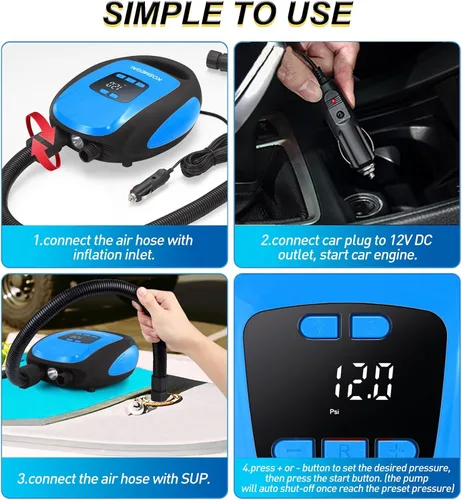 Vista 5 de Bomba eléctrica portátil para tabla de remo kosmegal, bomba SUP para tabla de remo, compresor de aire de 20 PSI con apagado automático, función