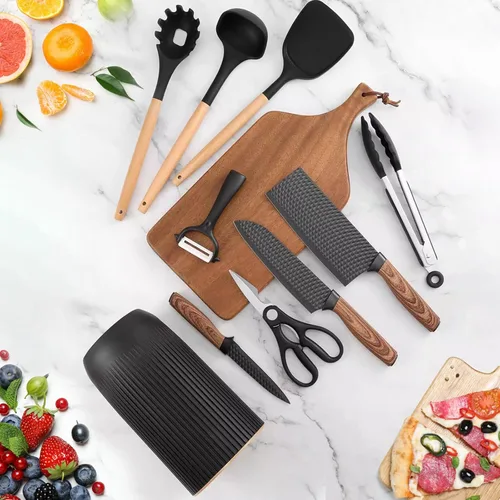 Vista 2 de Juego de cuchillos de cocina profesional de 10 piezas con bloque universal de cuchillos, antiadherentes, resistentes al calor, herramientas de Negro