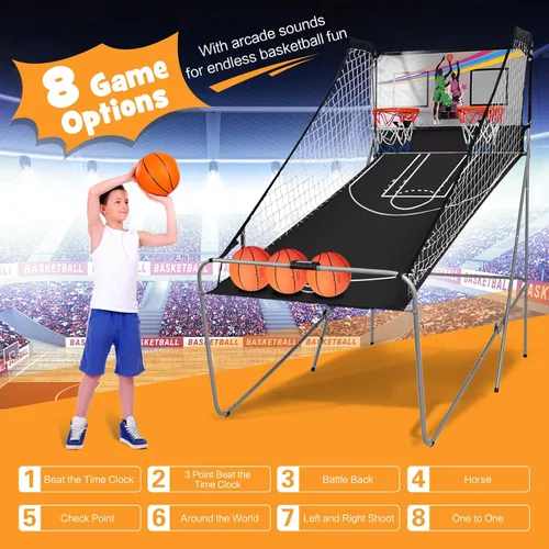 Vista 3 de ReunionG Juego de baloncesto de arcade, doble disparo electrónico para 2 jugadores con 4 bolas, 8 opciones de juego, juego de baloncesto