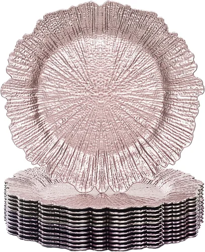 Vista 16 de MAONAME Juego de 12 platos de carga dorados, cargadores de platos de arrecife para plato de cena, cargadores de mesa redondos de plástico