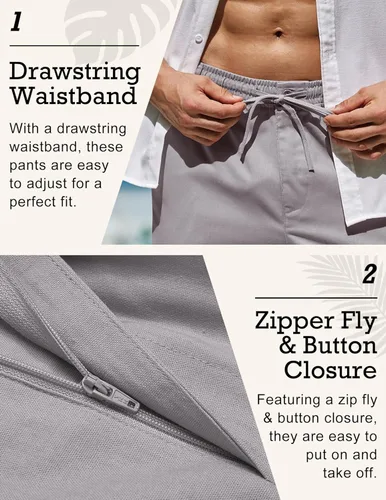 Vista 4 de COOFANDY Men's Linen Pants Casual Beach Summer Pant Elastic Waist Drawstring Lightweight Trousers