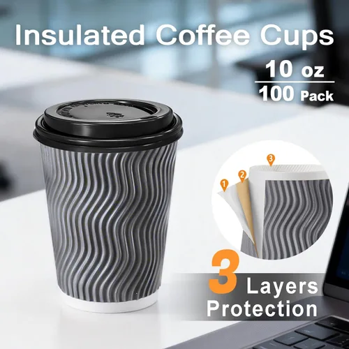 Vista 2 de BYSNOW Tazas de café de 10 onzas con tapas, paquete de 100 tazas de café desechables aisladas, vasos de papel ondulado para agua, jugo, café