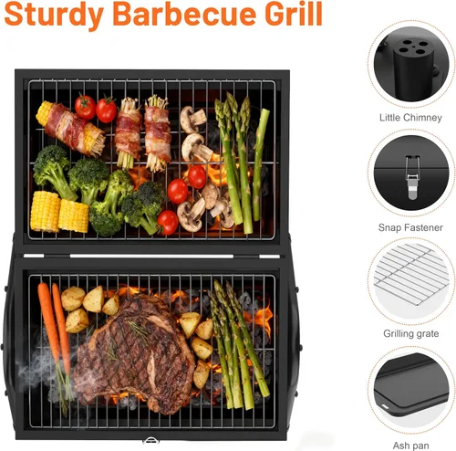 Vista 2 de Parrilla de carbón portátil con rejilla de calentamiento, mango de madera, parrilla de barbacoa de mesa para barbacoa al aire libre, camping