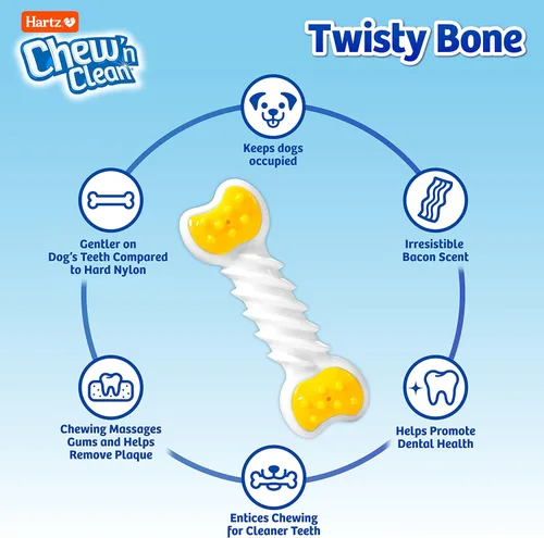 Vista 2 de Hartz Chew 'n Clean Twisty Bone - Juguete masticable para perros con aroma a tocino para masticadores moderados, extra pequeño
