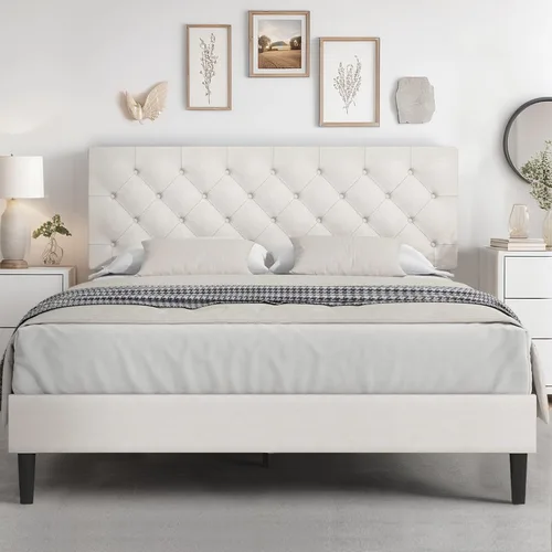 Vista 26 de HOMBCK Base de cama de tamaño individual con cabecera, base de cama tapizada con plataforma de lino para niños, base de cama de tamaño individual