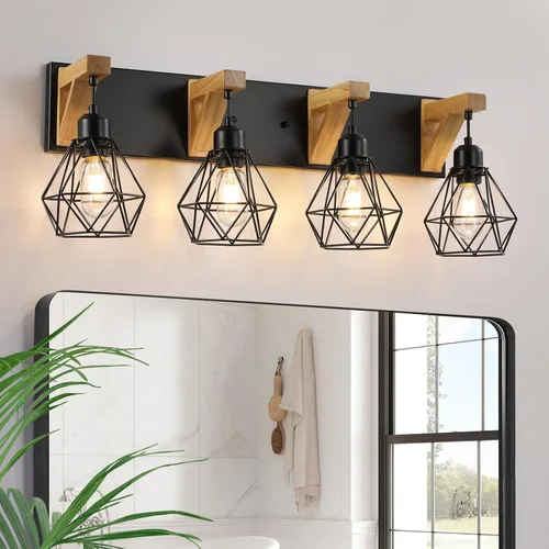 Maesta accesorios de iluminación de baño de 4 luces estilo granja, luz de baño de madera sobre espejo, apliques rústicos de pared con elegante