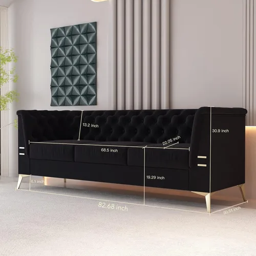 Vista 19 de Sofá moderno de terciopelo de 85.63 pulgadas con patas de metal dorado, tapizado grande de mediados de siglo, moderno, cómodo, sofás de 3 plazas