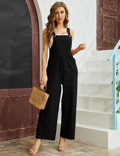 Vista 2 de Himosyber Overol de retazos de doble bolsillo para mujer, diseño holgado con estampado floral, bohemio, de pierna ancha