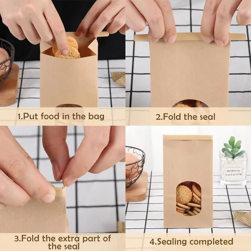Vista 3 de 250 Pcs Bakery Bags with Window Small Kraft Paper 3.54 x 2.36 x 6.7 Inch Cookie Treat Tin Tie Tab Lock Brown for Coffee Food Candy Gift Packaging