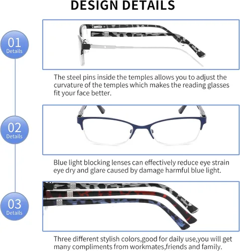 Vista 4 de CRGATV 3-Pack Reading Glasses for Women Blue Light Blocking Metal Half Frame Computer Readers Anti UV/Eye Strain/Glare