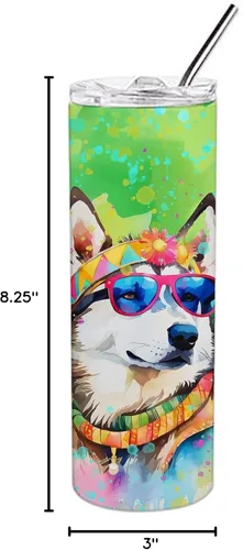 Vista 6 de Caroline's Treasures Siberian Husky Hippie Dawg - Vaso delgado de acero inoxidable al vacío de doble pared reutilizable, vaso aislado para café