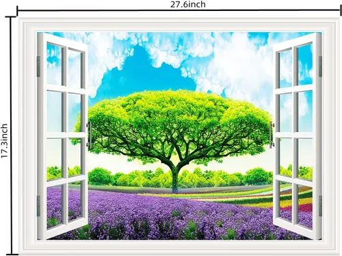 Vista 2 de Pintura autoadhesiva 3D, calcomanías de pared falsas para ventana, isla tropical con palmeras, mural de pared, vista de ventana, decoración de pared
