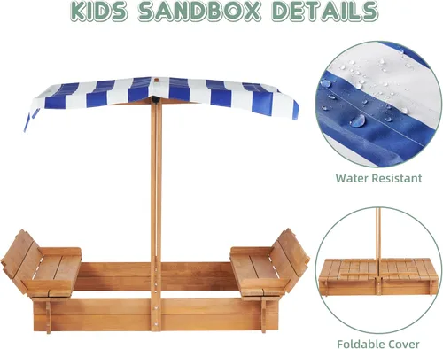 Vista 5 de Caja de arena para niños con cubierta ajustable, caja de arena de madera de 46.5 pulgadas con 2 asientos de banco plegables, arenero al aire libre