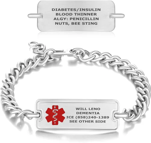 Vista 10 de Divoti Pulsera de Alerta de Identificación Médica Grabada Personalizada, Condiciones Personalizadas de 4 Líneas Cadena de Cuerda de Acero