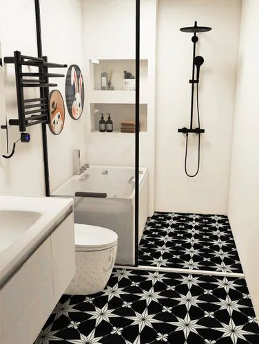Vista 8 de Pegatinas adhesivas para piso: 10 piezas de 11.81 * 11.81 pulgadas, pisos de vinilo impermeables en negro y blanco, fácil de instalar, adhesivo
