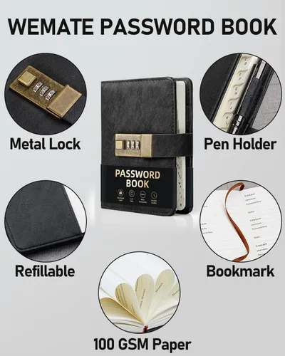 Vista 7 de WEMATE Libro de contraseñas con cerradura, libro de contraseñas con pestañas alfabéticas, más de 600 espacios de contraseñas, libro de registro