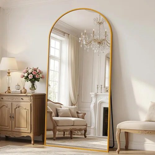 Vista 9 de Antok Espejo de pie arqueado de longitud completa con marco de aluminio, espejo de pared independiente para dormitorio, sala de estar, entrada, 58