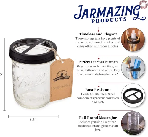 Vista 2 de Jarmazing Products Mason Jar - Soporte para cepillos de dientes, color negro, con tarro de bola de 16 onzas, hecho de acero inoxidable inoxidable