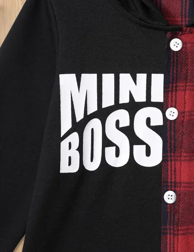 Vista 5 de KANGKANG Ropa para bebé niño pequeño, sudadera con capucha de manga larga con botones y pantalones con estampado de letras, trajes de otoño e