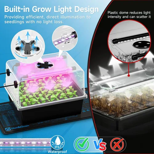 Vista 6 de Hon&Guan - Kit de inicio de semillas de 30 celdas con alfombrilla térmica y luces LED de cultivo 30-cell PP seedling tray, 5.3" dome with vents