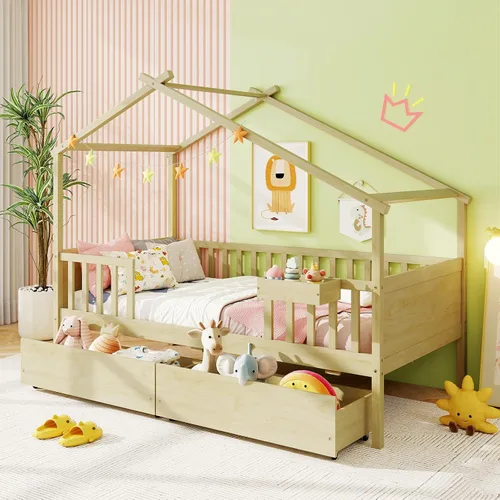 KOMFOTT Cama Casa Individual con 2 Cajones de Almacenamiento, Marco de Cama de Madera para Niños con Techo y Rieles, Cama Tienda con Cabecera y
