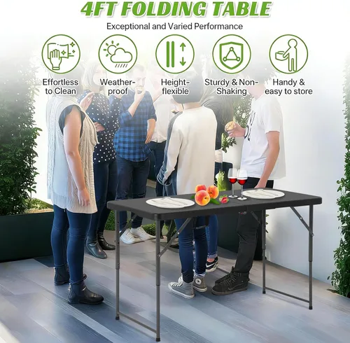 Vista 4 de Mesa plegable de 4 pies de altura ajustable con mango integrado, mesa plegable portátil resistente de 4 pies con patas de acero para campamento