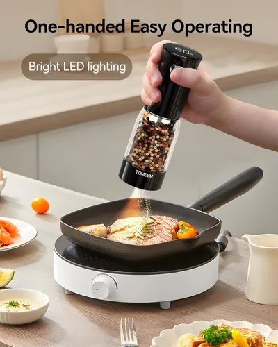 Vista 4 de TOMEEM Juego de molinillo eléctrico de sal y pimienta, recargable con indicador de alimentación LED, molienda ajustable de 5 niveles, luz LED