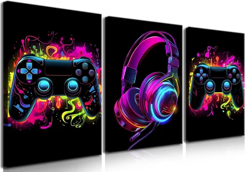 Vista 8 de BGFCE Arte de Lienzo de Pared para Gaming, Pinturas de Arte de Controlador de Juego con Salpicaduras de Tinta de Color, Pósteres para Estética