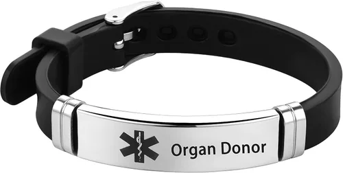 Vista 17 de Pulsera de identificación de alerta médica grabada con láser, pulsera ajustable negra ELIOUS para hombres y mujeres, primeros auxilios