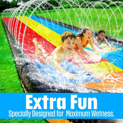 Vista 5 de JAMBO Premium Tobogán Deslizante de Salpicaduras de 16 Pies y 3 Tablas de Bodyboard, Tobogán Acuático de Servicio Pesado - Sistema de Aspersores
