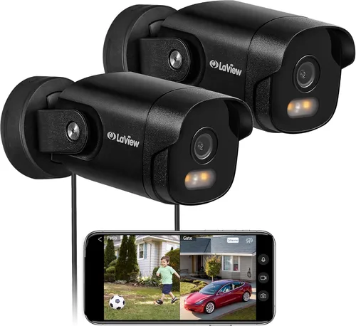 LaView Cámara de seguridad 2K para exteriores con visión nocturna a color, cámaras con cable de 3MP para seguridad del hogar, cámara impermeable