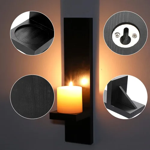 Vista 4 de OwnMy Juego de 2 Candelabros de Pared de Madera Rústicos para Montar en Pared, Candelabros de Vela de Pilar de Madera, Candelabros de Pared de Negro