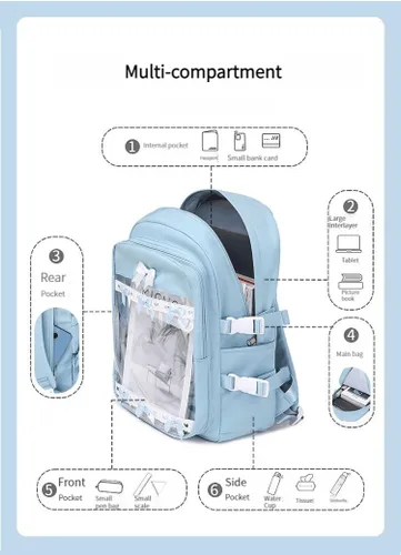 Vista 6 de Parent-kuro, Azul transparente negro, Mochila Kawaii Grunge Y2k Cute Backpack Daypack