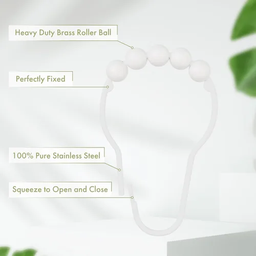 Vista 107 de Amazer - Juego de 12 ganchos decorativos para cortina de ducha de acero inoxidable para barras de cortinas de baño, blanco acrílico