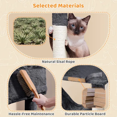 Vista 9 de Yaheetech - Árbol para gatos de 64.5 pulgadas con poste rascador, cama para gatos con cubierta de felpa y hamaca, plataforma, percha para gatos