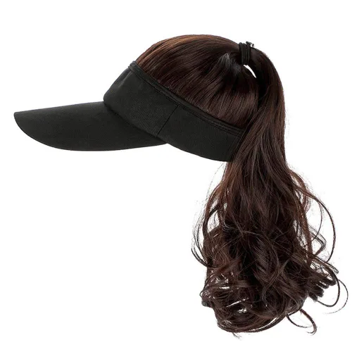 Vista 12 de YEKEYI Sombrero de peluca para exteriores con cabello para cola de caballo, gorra de béisbol con cabello marrón y negro ondulado para mujer, Negro