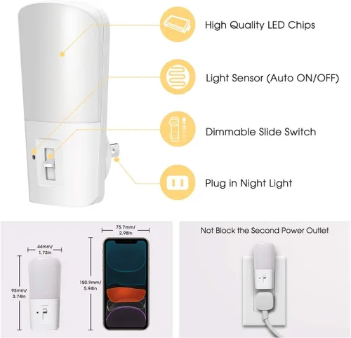 Vista 8 de LOHAS - Luz nocturna enchufable, luz nocturna LED regulable con sensor de atardecer a amanecer, mini luz de ayuda para dormir de 5 a 80 lm