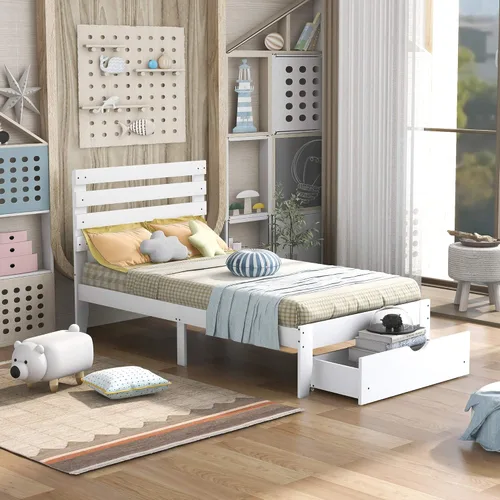 Vista 4 de Cama moderna de plataforma de madera con cabecero y cajones, base de cama baja con soporte de listones de madera, fácil montaje, tamaño individual