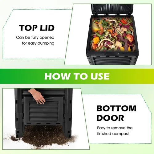 Vista 6 de Happygrill Contenedor de compostaje para exteriores, caja de compostaje con tapa superior con pestillo, compostador de 80 galones para desechos