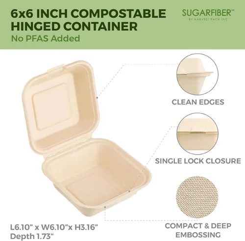 Vista 2 de [50 unidades] Paquete de cosecha de 6 x 6 pulgadas, contenedores de alimentos compostables para llevar, sin PFAS, cuadrados con tapas, caja