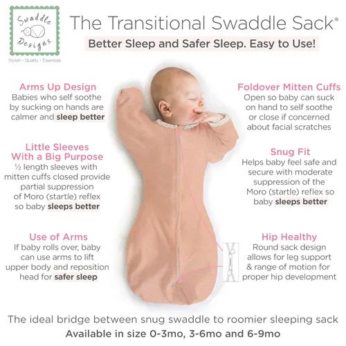 Vista 2 de SwaddleDesigns - Saco de pañales de transición con brazos arriba, mangas de media longitud y puños de mitones, color melocotón ruborizado con borde
