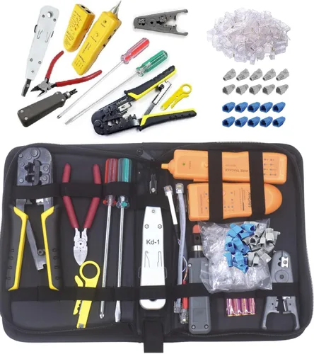 Buscador de cables de red/tóner/sonda/trazador/probador + crimpadora RJ11/RJ12/RJ45 + 100 piezas de conectores RJ45 CAT5e conectores/botas kits de