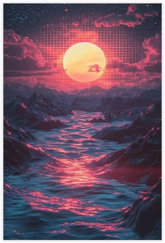 Retro Futuristic Vaporwave Wall Art – Neon Synthwave Poster for Bedroom Or Studio Decor Modern Wall Prints Abstract Geometric Minimalist Art Framed