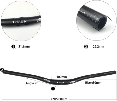 Vista 2 de Wake 31,8 mm de manillar de bicicleta de montaña MTB, manillar elevador de bicicleta de montaña de aleación de aluminio, extra largo, 720/780 mm