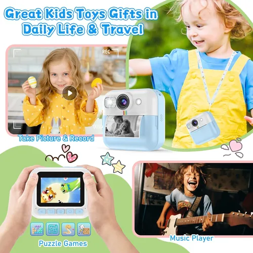 Vista 7 de Dafotil Cámara infantil para niños, impresión instantánea 1080P, regalos de cumpleaños de Navidad para niños, azul