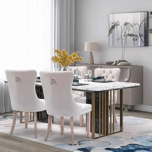 Vista 2 de SoarFlash Juego de 2 sillas de comedor de terciopelo, silla lateral de respaldo alto, silla lateral moderna tapizada de alta gama con botones Beige