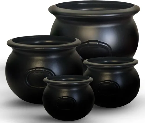 Vista 5 de PMU 4p-16, (3) hervidor de caldero de Halloween de 8 pulgadas, cuenco de caldero de bruja de plástico negro, cubo de caramelo, decoraciones